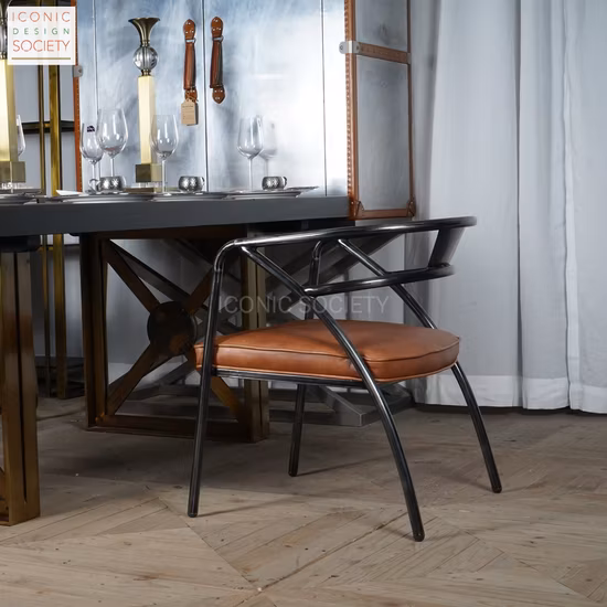 Modern Restaurant Office Dinner Living Room Furniture Home Sitting Room Hotel Metal Iron Retro Loft Genuine Leather Dining Chair